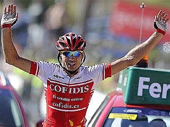 David Moncoutie of Cofidis celebrates as he crosses the finish line to win Stage Eight of the 75th Vuelta a Espana. (Jose Jordan/AFP/Getty Images)