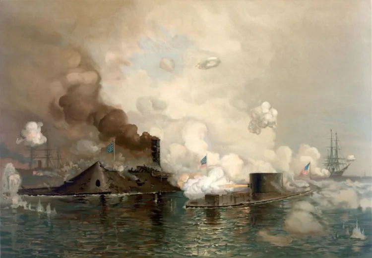 'The Monitor and Merrimac: The First Fight Between Ironclads,' a chromolithograph depicting the Battle of Hampton Roads. The second day of the naval battle—arguably the most important of the Civil War—occurred 150 years ago today. The battle signified the end for wooden warships, which proved no match for the metal exteriors of the new Ironclads. (Library of Congress/Public Domain)