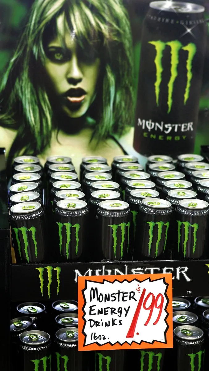 Bottles of energy drink, Monster, on display at a market March 6, 2006, in Des Plaines, Illinois. Monster Beverages said on Monday its doctors have found the energy drink was not responsible for the death of a 14-year-old girl. (Tim Boyle/Getty Images)