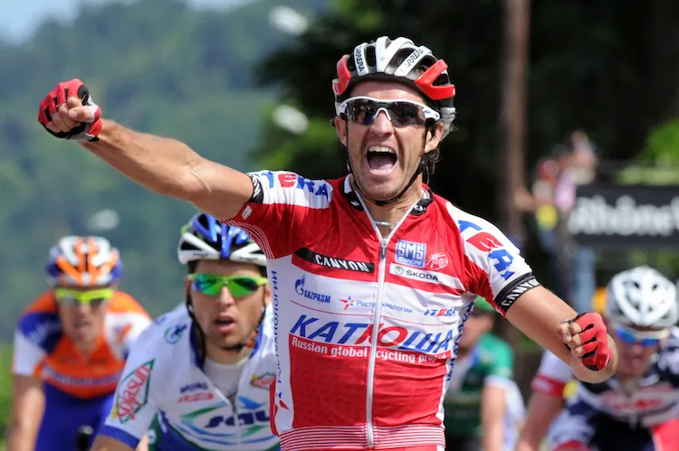 Katusha’s Daniel Moreno celebrates on the finish line after winning the Stage Two of the 64th edition of the Critérium du Dauphiné cycling race. (Pascal Pavani/AFP/GettyImages)