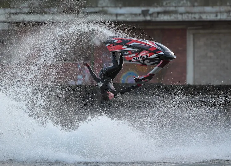 British National Freestyle Jet Ski Champion Jack Moule performs a stunt during The London Boat Show in London, England on January 6. (Peter Macdiarmid/Getty Images)