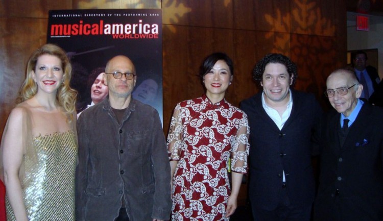 Musical America Award Winners Joyce DiDonato (Vocalist of the Year), David Lang (Composer of the Year), Wu Man (Instrumentalist of the Year), Gustavo Dudamel (Musician of the Year), and Jose Antonio Abreu (Educator of the Year). (Pamela Tsai/The Epoch Times)