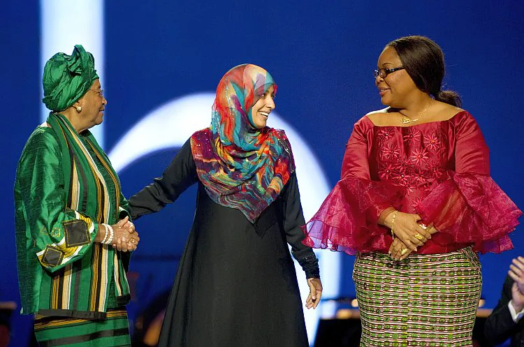 (From L) Nobel Peace Prize laureates, Liberian President Ellen Johnson Sirleaf, Yemin Arab Spring activist Tawakkol Karman and rights campaigner Leymah Gbowee take the stage at the Nobel Peace Prize concert in Oslo Dec. 11. (Odd Andersen/AFP/Getty Images)