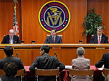 FCC Commissioners (L-R) Mignon Clyburn, Michael Copps, Chairman Julius Genachowski, Robert McDowell and Meredith Attwell Baker deliver opening remarks before voting 3-2 to adopted controversial Net neutrality rules. (Chip Somodevilla/Getty Images)