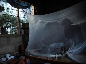 A mother and her child sit on a bed covered with a mosquito net near Bagamoyo, 70 kms north of Tanzanian capital Dar es Salaam. Mosquito-borne malaria kills about one child every thirty seconds in Africa; nets are one of the cheapest simplest solutions. (Tony Karumba/AFP/Getty Images)