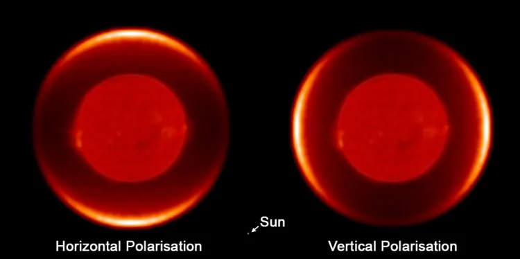 A synthetic image produced from the data of the dust shell around the red giant star W Hydrae, shown in two polarizations of light, horizontal and vertical. This is equivalent to viewing the dust shell through polarized sunglasses, with the glasses held horizontally (left image) and vertically (right image). The image of the star in the centre of the dust shell is not from these observations and is for illustrative purposes. The sun (a single dot) is included for scale. (Barnaby Norris)