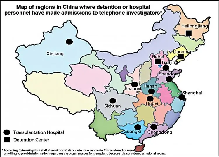 Map of China showing regions where staff admitted during phone calls that organ harvesting from Falun Gong practitioners was taking place. ('Bloody Harvest' report, Kilgour-Matas)