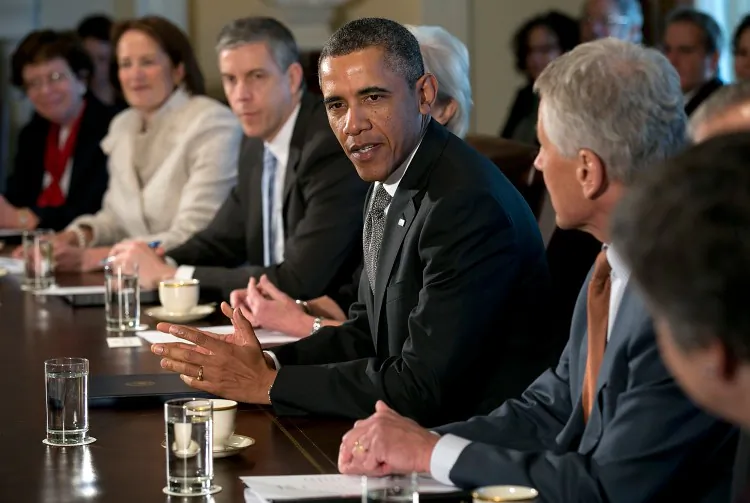 U.S. President Barack Obama (C) meets with his Cabinet at the White House March 4, 2013 in Washington, D.C., Obama and Congress remain locked in stalled budget negotiations as the effect of the sequestration begin to impact the U.S. economy, but sources told AP some compromises may be made on March 6. (Win McNamee/Getty Images)