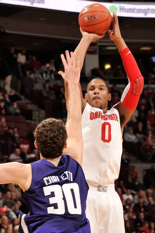 Ohio State's Jared Sullinger (0) ranked third in the conference in scoring (17.1 a game) and second in rebounding (9.6). (Jamie Sabau/Getty Images)