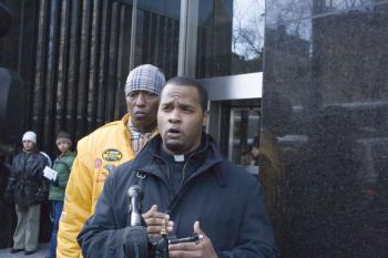 Community leaders the Rev. Omar Wilks and Richard Kirkpatrick demand justice for Sean Bell who was fired at 50 times and killed in 2006. (Diana Hubert/The Epoch Times )