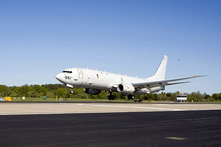 The U.S. Navy’s newest maritime patrol and reconnaissance aircraft, the Boeing P-8A Poseidon, touches down at Naval Air Station Patuxent River, Md., April 2010. Counterfeit parts were discovered in the Poseidon's critical ice-detection system. (U.S. Navy photo)