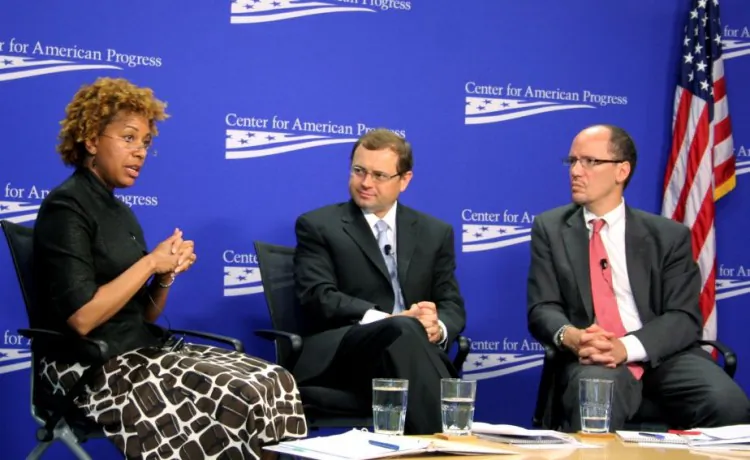 (L to R) Patrice Ficklin, Assistant Director for the Office of Fair Lending & Equal Opportunity, Consumer Financial Protection Bureau; Tom Perriello, President and CEO, Center for American Progress Action Fund (moderator); and Tom Perez, Assistant Attorney General for Civil Rights, U.S. Department of Justice discussed predatory and discriminatory lending in the United States. (Gary Feuerberg/ The Epoch Times)
