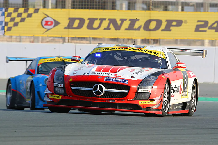 The #3 Mercedes Abu Dhabi by Black Falcon Mercedes SLS AMG GT3 seems to be on track to win the 2012 Dubai 24 Hours. (24hdubai.com)