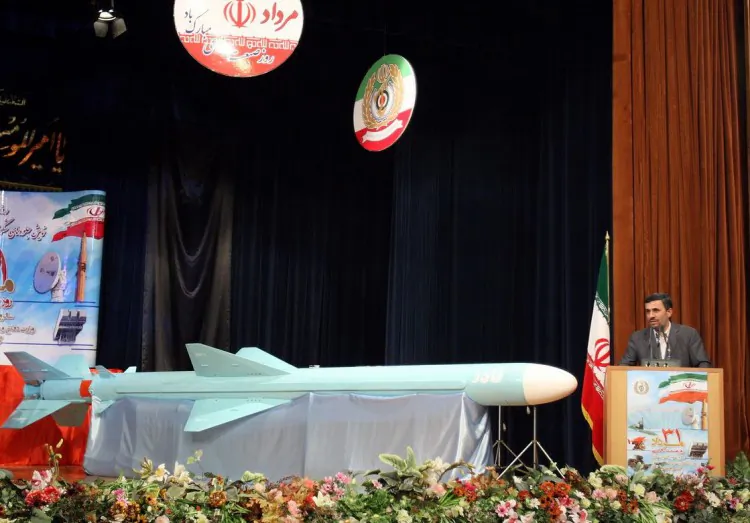 A picture from the office of Iranian President Mahmoud Ahmadinejad shows him delivering a speech next to the newly-unveiled 'Qader' missile Aug. 23, 2011. Iran claims it tested the missile on Monday. ( -/AFP/Getty Images)