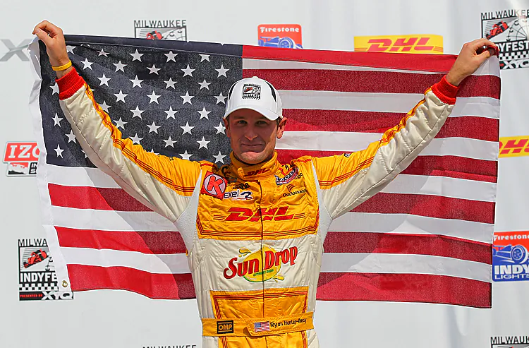 Ryan Hunter-Reay celebrates winning the Izod IndyCar Series Milwaukee IndyFest 225 at The Milwaukee Mile. (Jonathan Daniel/Getty Images)