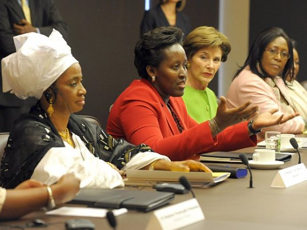 Rwanda first lady Jeannette Kagame (in red) shares a laugh with former U.S. first lady Laura Bush during the RAND African First Ladies Initiative roundtable summit at the Ford Foundation headquarters in New York City Sept. 26. (RAND) Rwanda first lady Jeannette Kagame (in red) shares a laugh with former U.S. first lady Laura Bush during the RAND African First Ladies Initiative roundtable summit at the Ford Foundation headquarters in New York City Sept. 26. (RAND)