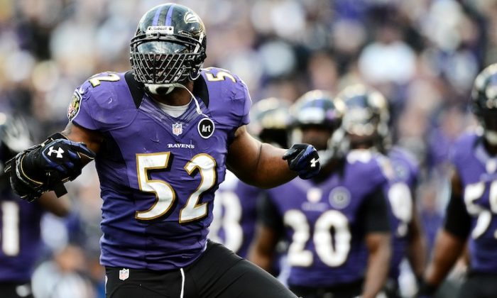 Baltimore Ravens linebacker Ray Lewis in action against the Indianapolis Colts on Jan. 6, 2013. Lewis made a highly successful return from a triceps injury in this AFC wild card game. (Patrick Smith/Getty Images)