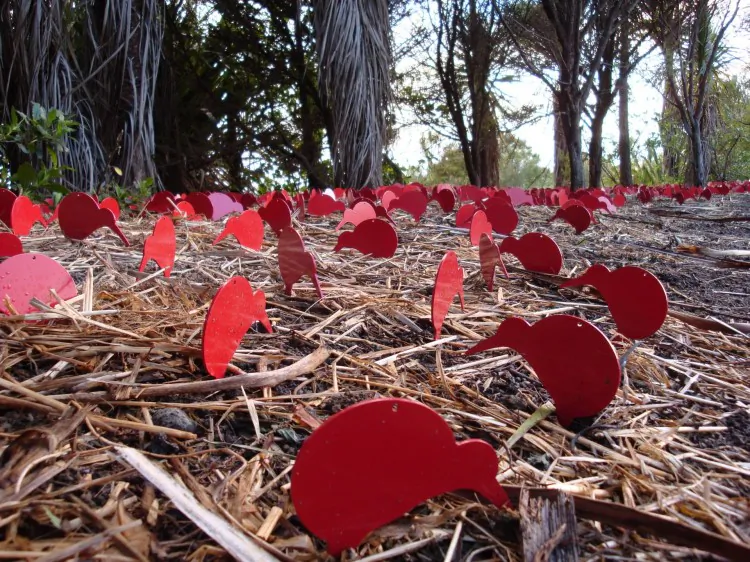 Donna Sarten's 1344 Red Kiwis represent the children who are at risk of dying at the hands of their parents/caregivers. The Harbour View Sculpture Trail depicts social, political and environmental issues. (The Epoch Times)