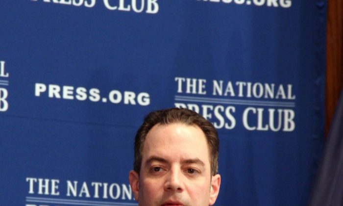 (L-R) Zori Fonalledas, Glenn McCall, Sally Bradshaw, and Ari Fleischer, four of five co-authors of a new report on how to revitalize the Republican Party, at the launch of a post-election report at the National Press Club in Washington, D.C., on March 18, 2013. (Shar Adams/The Epoch Times)