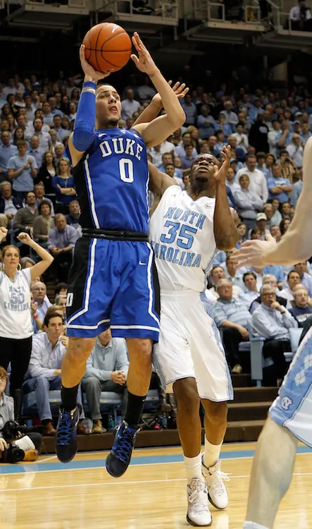 Austin Rivers’s (0) last-second three-pointer against North Carolina was his sixth of the day and gave him 29 points in the winning effort. (Streeter Lecka/Getty Images)
