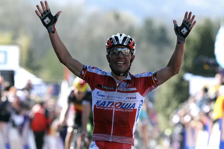 Joaquim Rodriguez of Team Katusha celebrates after winning the 76th edition of the Flèche-Wallonne one-day cycling classic. (Michel Krakowski/AFP/Getty Images)