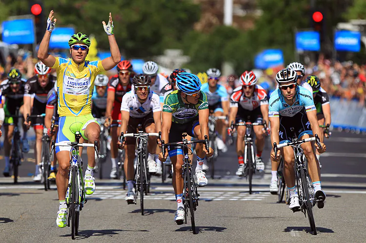 Peter Sagan barely beats beats Heinrich Haussler (R) across the line to win Stage Three. The Slovakian rider continues to show skills beyond his years in 2012 Tour of California. (Ezra Shaw/Getty Images)