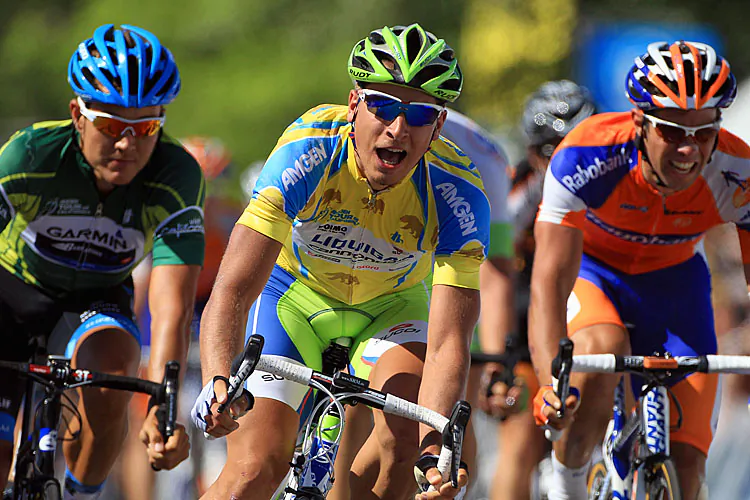 Peter Sagan of Liquigas-Cannondale smiles as he crosses the finish line ahead of Garmin-Barracuda’s Heinrich Haussler (L) and Rabobank’s Michael Matthews (R) to win stage four of the Amgen Tour of California. (Doug Pensinger/Getty Images)