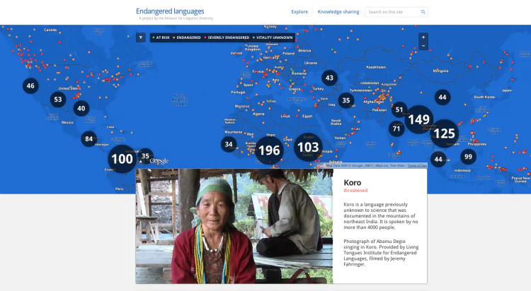 A screenshot of the EndangeredLanguages.com homepage displays a map of disappearing languages around the world. A B.C. native group is partnering with Google to oversee the site in order to preserve and honour endangered languages locally and globally. (ENDANGEREDLANGUAGES.COM)