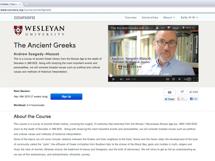 An online screenshot of Coursera's sign up page. Instructor Andrew Szegedy-Maszak said that his "The Ancient Greeks" course consists of a series of lectures highlighting the main parts from his in-class lectures. (Coursera)