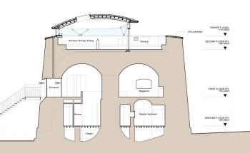 AMAZING FLOOR PLAN: The tower's only entrance is on the first floor, which once housed an ammunition store. The ground level, previously the soldier's quarters, remains windowless. (Courtesy of Piercy Conner Architects) AMAZING FLOOR PLAN: The tower's only entrance is on the first floor, which once housed an ammunition store. The ground level, previously the soldier's quarters, remains windowless. (Courtesy of Piercy Conner Architects)