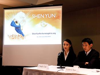 SADDENED: Shen Yun Performing Arts principal dancers Cindy Liu (L) and Leon Chao at a press conference in New York on Jan. 25. They spoke of their disappointment with Hong Kong authorities, who refused to grant entry visas to seven key production staff on the eve of the company's trip to perform there. Shen Yun was forced to cancel seven sold-out shows. (Jan Jekielek/The Epoch Times) SADDENED: Shen Yun Performing Arts principal dancers Cindy Liu (L) and Leon Chao at a press conference in New York on Jan. 25. They spoke of their disappointment with Hong Kong authorities, who refused to grant entry visas to seven key production staff on the eve of the company's trip to perform there. Shen Yun was forced to cancel seven sold-out shows. (Jan Jekielek/The Epoch Times)