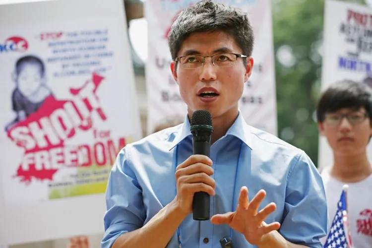 North Korea refugee and prison camp survivor Shin Dong-hyuk speaks during a rally outside the White House while demonstrationg for human rights in North Korea in Washington, D.C. on July 10, 2012. Human rights advocates released the most current data on abuses in North Korea, noting that the data are key as the regime tries to cover its tracks.  (Chip Somodevilla/Getty Images)