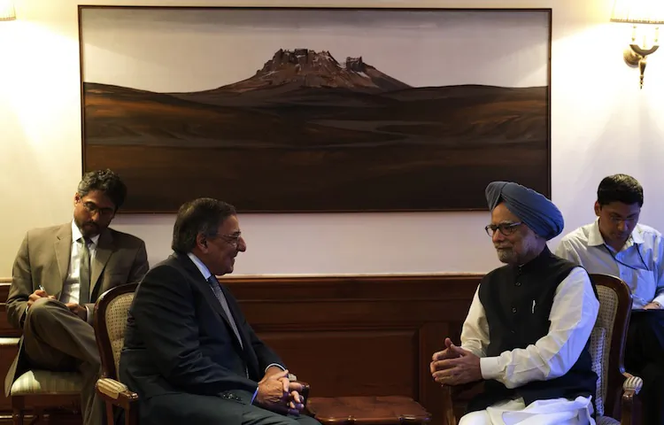 Secretary of Defense Leon Panetta speaks with Indian Prime Minister Manmohan Singh during a meeting at the prime minister's office in New Delhi on June 5. (Jim Watson/AFP/GettyImages)