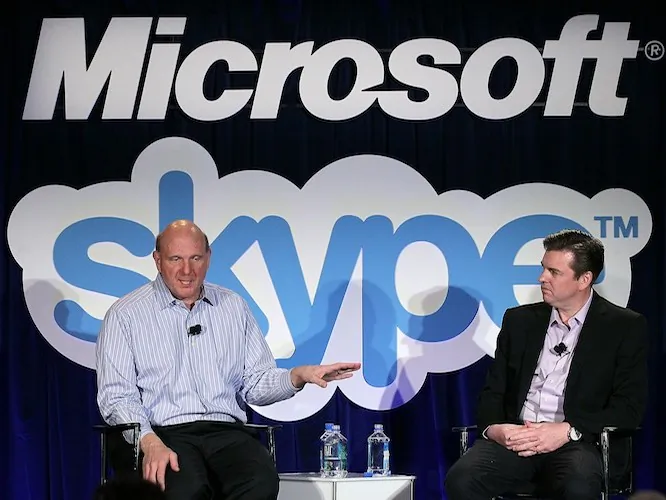 Microsoft CEO Steve Ballmer (L) and Skype CEO Tony Bates (R) speak during a news conference about Microsoft's purchase of Skype in San Francisco on May 10, 2011. (Justin Sullivan/Getty Images)