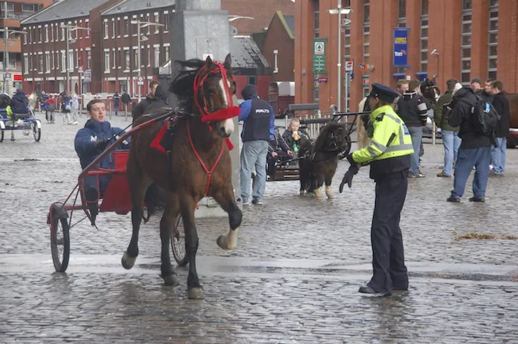 Horse traders at Smithfield horse market in Dublin's city centre. Currently the market operates once a month all year round, February 2008.