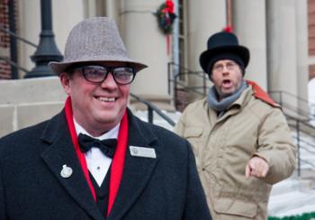 HECKLER: Punxsutawney Groundhog Club Inner Circle member Keith Shields, dressed to impersonate Ned Ryerson, Stephen Tobolowsky's character in the 'Groundhog Day' movie, is heckled by Tobolowsky; in an impromptu partial reenactment of a signature scene in the film. (Jan Jekielek/The Epoch Times ) HECKLER: Punxsutawney Groundhog Club Inner Circle member Keith Shields, dressed to impersonate Ned Ryerson, Stephen Tobolowsky's character in the 'Groundhog Day' movie, is heckled by Tobolowsky; in an impromptu partial reenactment of a signature scene in the film. (Jan Jekielek/The Epoch Times )
