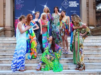 PREVIEWING ROSEMOUNT: Designer Camilla Franks (C) and models showcasing her 'BABYLON' Collection pose on the steps of Sydney Town Hall on Aug. 17, in Sydney, Australia, before the annual Rosemount Sydney Fashion Festival Aug. 23-28. (Graham Denholm/Getty Images)