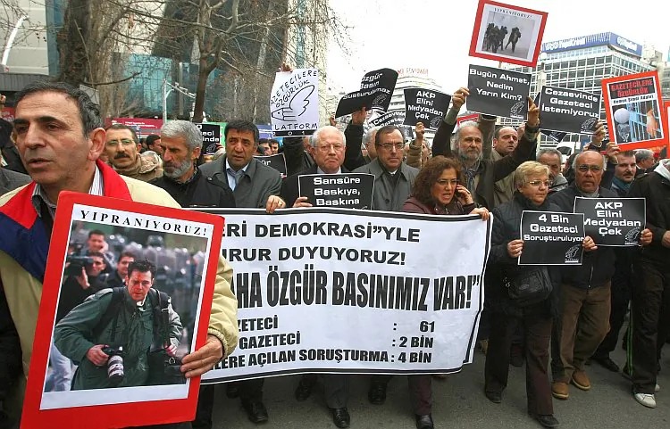 Several hundred Turkish journalists rally for press freedom in Ankara on March 4, 2011. There are currently at least 100 journalists imprisoned in Turkey, mostly on terrorism related charges. (Adem Altan/AFP/Getty Images)