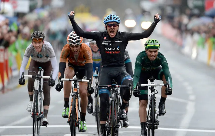 Andrew Talansky (2R) celebrates beating (from L) Romain Bardet, Gorka Izaguirre, and (R) David Lopez to the finish line in Stage Four of the 2013 Paris-Nice cycling race. (slipstreamsports.com)