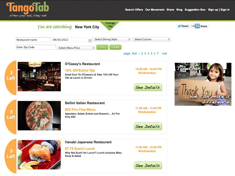 Screenshot of TangoTab's website on Wednesday, September 5, 2012. The online service offers specialized meal deals to customers, while helping local food banks serve the community. (Screenshot/The Epoch Times)
