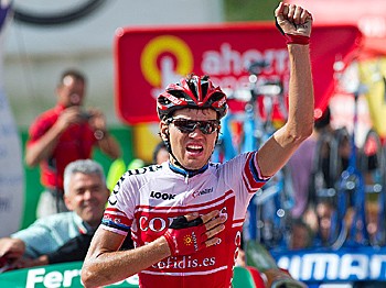 Rein Taaremae of Cofidis celebrates as he crosses the finish line of Stage 14 of the Vuelta a España. (Jaime Reina/AFP/Getty Images)