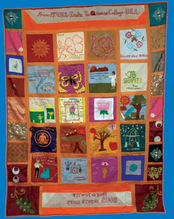 This Power to the Peaceful quilt was made by teachers from India and part of the around-the-world exhibit that opened Dec. 15 at the Godwin-Ternbach museum.  (Courtesy of CUNY/Queens College)