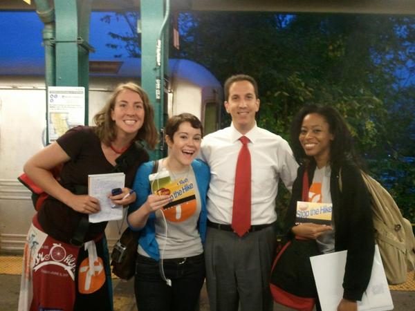 Meredith Sladek, Stefanie Gray, and Stevie Summerise meet by Assemblyman Phillip Goldfeder in the Rockaways, Queens. He brought them a mobile phone charger. (Courtesy of Stefanie Gray.)