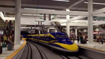 A computer rendition of a proposed high-speed train in California. The state seeks $1.1 billion in high-speed rail stimulus funds. (NC3D) A computer rendition of a proposed high-speed train in California. The state seeks $1.1 billion in high-speed rail stimulus funds. (NC3D)