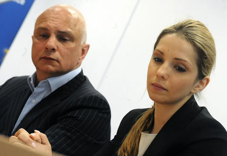 Oleksander Tymoshenko (L), the husband of jailed Ukrainian ex-premier Yulia Tymoshenko and their daughter Eugenia Tymoshenko give a press conference in Prague April 30. Ukraine's prison service on April 29 cast doubt on claims by jailed ex-premier Yulia Tymoshenko that she was beaten by guards. (Michal Cizek/AFP/GettyImages)