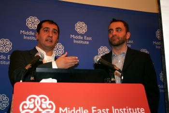 Iranian scholars Alex Vatanka (l) and Ali Alfoneh (r) explain the dynamics of the standoff between the regime and its opposition. They spoke Feb. 3 at the Middle East Institute in Washington, D.C. Mr. Vatanka is currently at MEI and Mr. Alfoneh is a visiting research fellow at the American Enterprise Institute. (Gary Feuerberg/The Epoch Times)