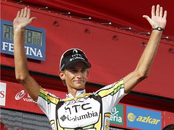 Peter Velits of Team HTC-Columbia celebrates on the podiun after winning Stage 17 of the Vuelta a España. (Jaime Reina/AFP/Getty Images) Peter Velits of Team HTC-Columbia celebrates on the podiun after winning Stage 17 of the Vuelta a España. (Jaime Reina/AFP/Getty Images)