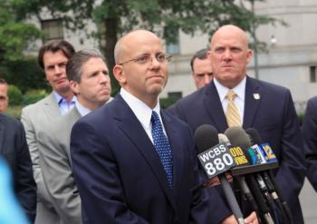 Noel DiGerolamo, second vice president of the Suffolk County Patrolmens Benevolent Association, called on the U.S. Justice Department to investigate the Suffolk County Conservative Party for its loyalty test given to police members.  (Shi Lixin/The Epoch Times)