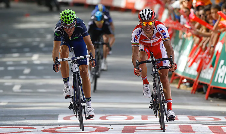Movistar’s Alejandro Valverde (L) wins Stage Three of the Vuelta a España, beating Katusha’s Joaquin Rodriguez by millimeters. Rodriguez appears to think he won the stage. (Jose Jordan/AFP/GettyImages)