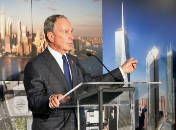 Mayor Bloomberg, standing in front of an artist's rendering of World Trade Center Towers 2, 3, and 4, during a press conference held on the 10th floor of 7 World Trade Center on Tuesday, Sept. 7. (The Epoch Times)